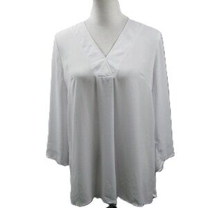 DR2 White V-Neck Pullover Semi-Sheer 3/4 Sleeve Blouse Size Medium